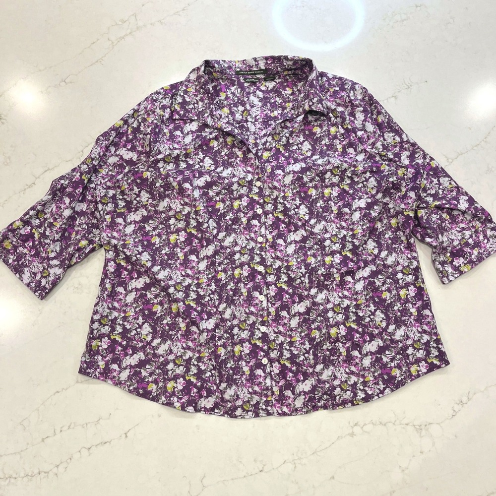 Eddie Bauer Wrinkle Resistant Button Front Shirt Women 3X Purple Floral Stretch
